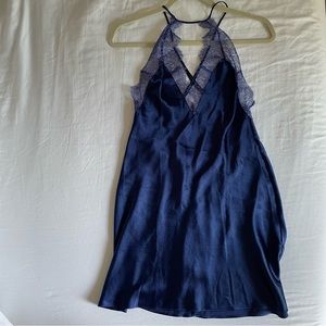 NWOT: Victoria’s Secret, size Small: blue satin high-neck cross-back slip